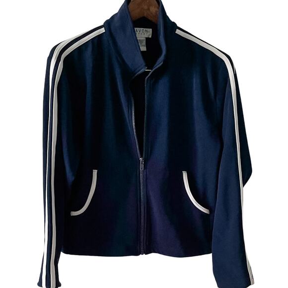 Vintage 80s Track Jacket navy white zip front size medium M - Picture 1 of 8